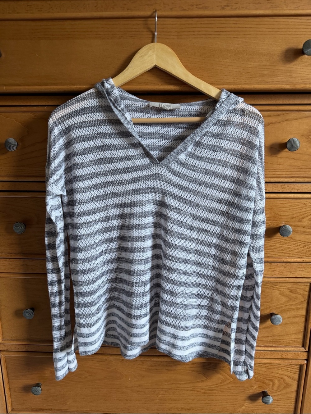 Loft Open Knit Hooded Striped Sweater Womens Size Medium Summer Beach Vacation